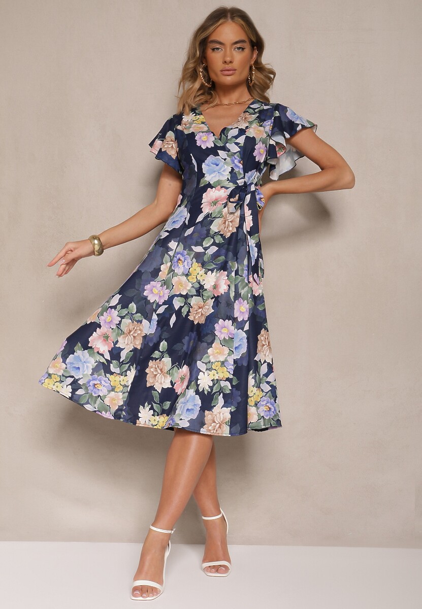 Niebieska Kopertowa Sukienka w Kwiaty Atesalia