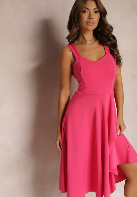 Fuksjowa Sukienka Midi na Szerokich Ramiączkach z Rozkloszowanym Dołem Kiratta