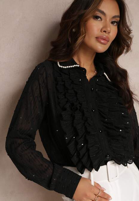 Czarna Koszula z Ozdobnym Kołnierzem i Falbanami Chet