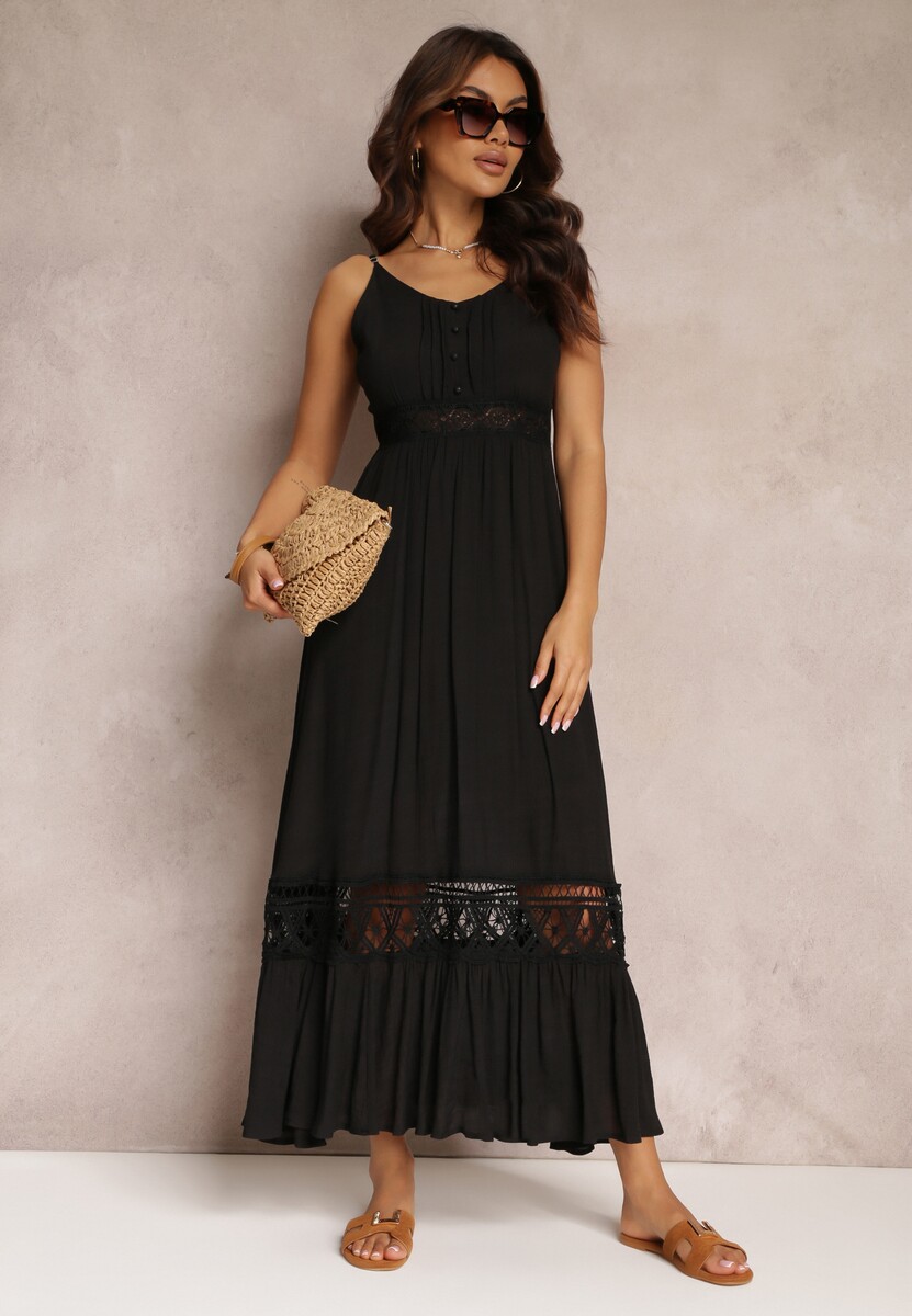Czarna Rozkloszowana Sukienka Maxi z Falbanką i Koronką Luluma