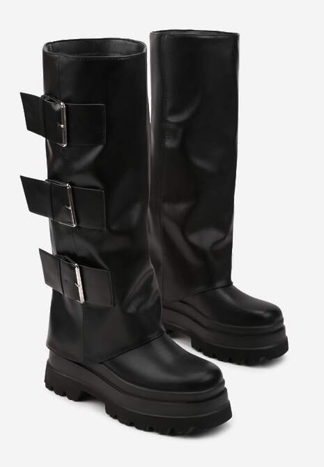Czarne Kozaki Typu Biker na Platformie Ozdobione Klamrami i Wywiniętą Cholewką Ellisse
