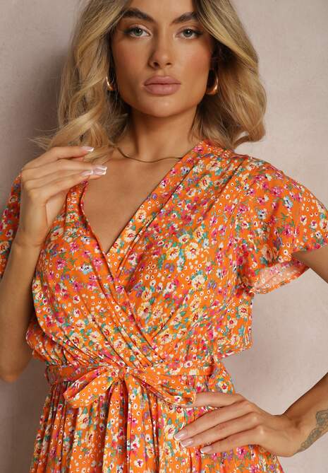 Pomarańczowa Sukienka z Wiskozy z Kopertowym Dekoltem Wykończona Gumką w Pasie i Sznurkiem Abrolea