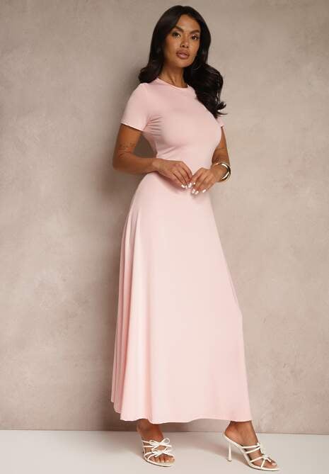 Różowa Taliowana Sukienka z Krótkim Rękawem Liranisea