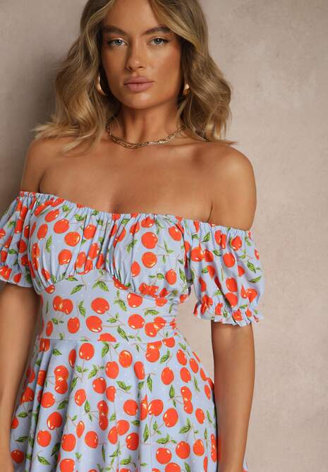 Niebieska Sukienka Rozkloszowana z Bawełną w Wisienki Lunasella