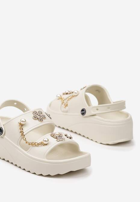 Beżowe Klapki z Pianki na Koturnie Ozdobione Aplikacjami z Paskiem Podtrzymujący Piętę Anesaria