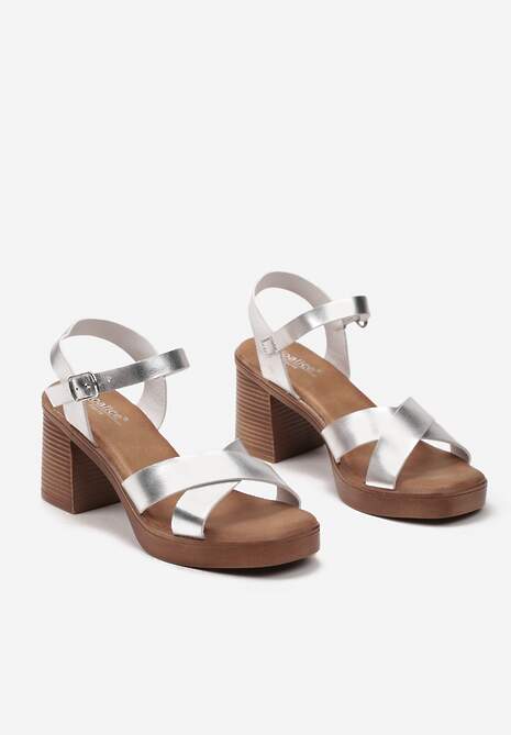 Srebrne Sandały na Słupku z Platformą z Imitacji Drewna Argastia