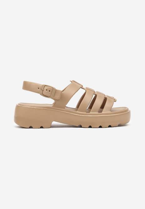 Ciemnobeżowe Sandały z Pianki na Platformie z Ozdobnymi Paskami Dimiah