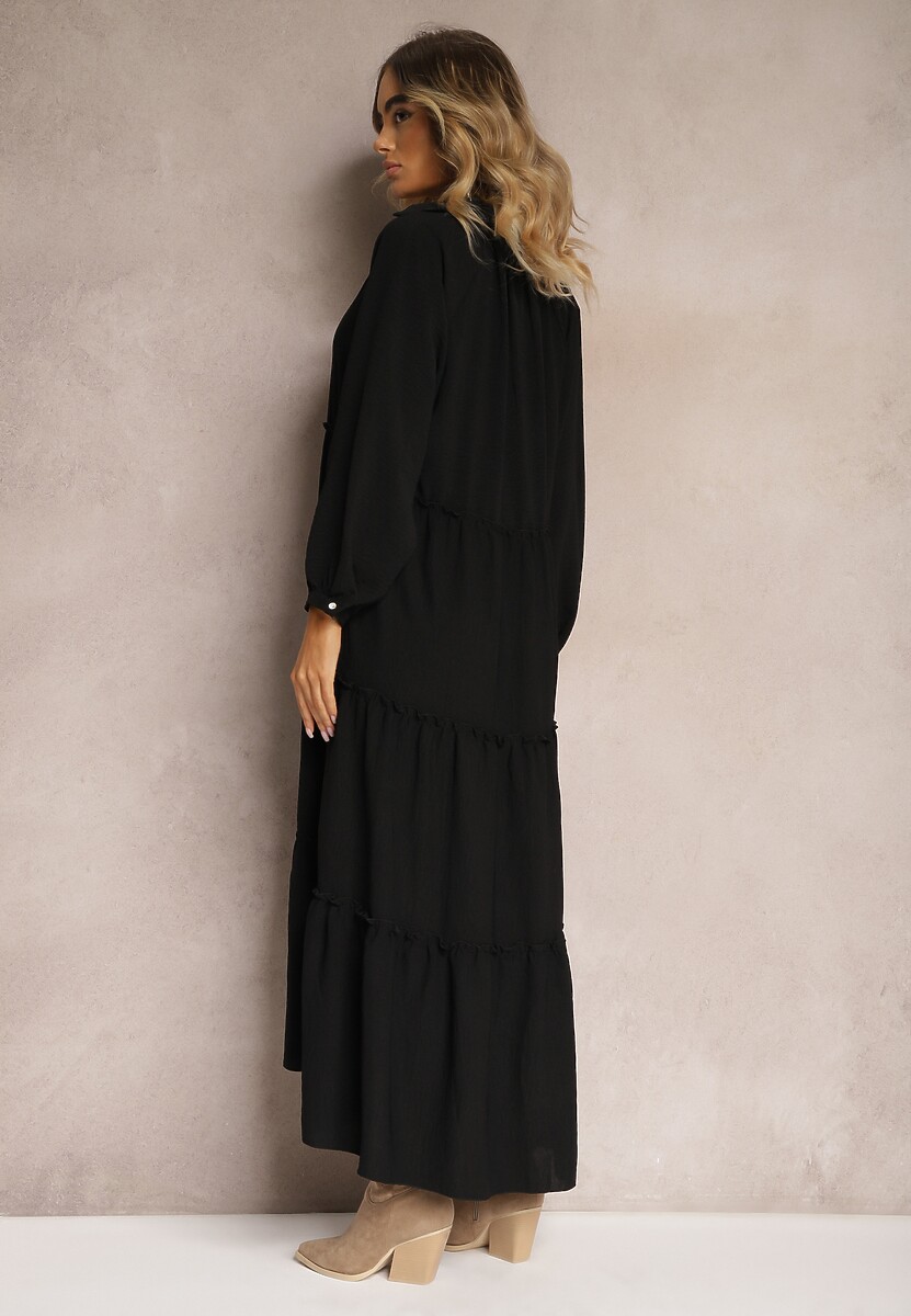 Czarna Rozkloszowana Sukienka Maxi z Falbankami i Kołnierzykiem Rehtima