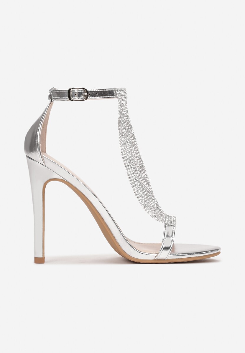 Srebrne Sandały na Szpilce z Cyrkoniami i Sprzączką Faltifi