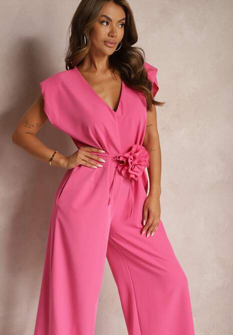 Różowy Kombinezon Wykończony Prostymi Szerokimi Nogawkami z Wiskozą i Kwiatem 3D Dimentia