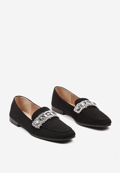 Czarne Mokasyny z Cyrkoniami i Perełkami na Klamerce Sybilla