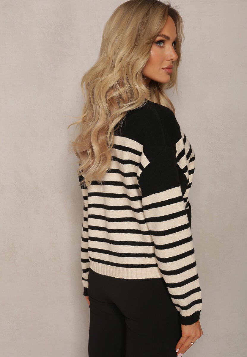 Czarny Zapinany Kardigan w Paski z Wiskozowej Dzianiny Filaria