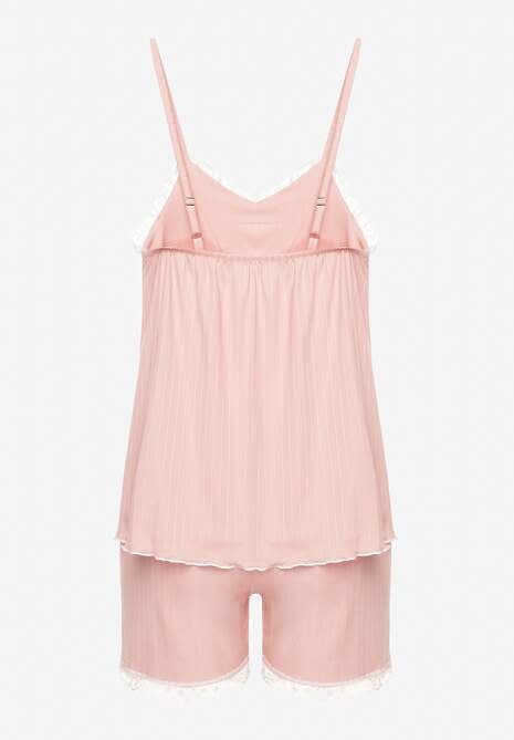 Beżowy Komplet Piżamowy z Bawełną Spodenki z Koronką i Top z Kokardkami Firavielle