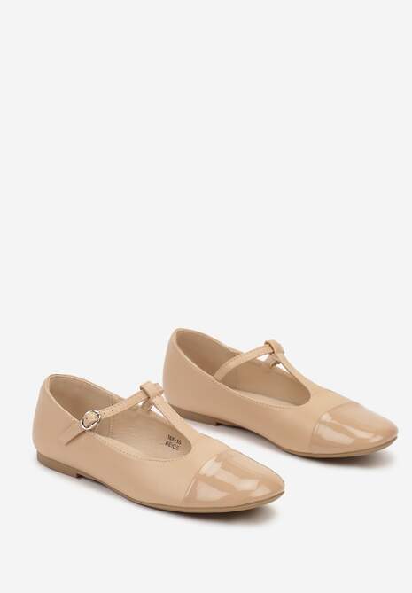 Beżowe Balerinki na Płaskiej Podeszwie z Lakierowanym Noskiem i Sprzączką Lerirra