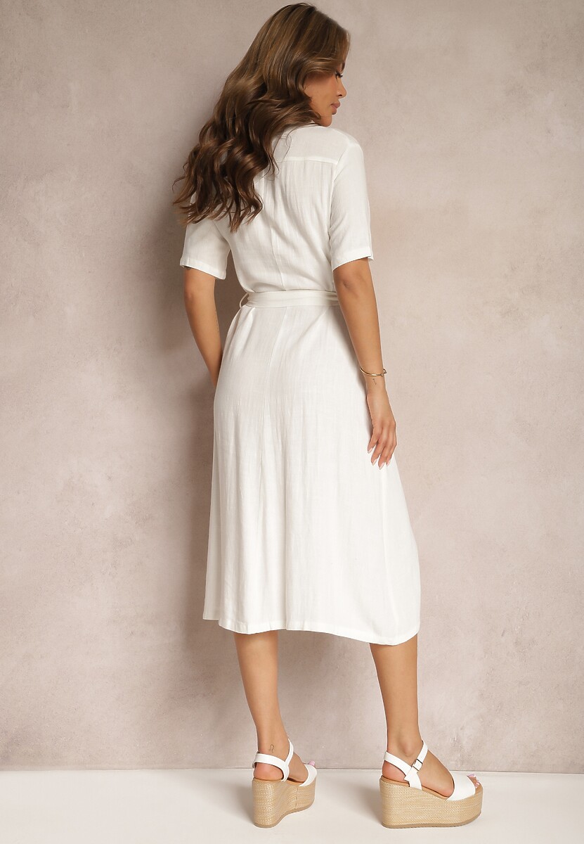 Biała Wiskozowa Sukienka z Lnem i Guzikami oraz Krótkim Rękawem Ozdobiona Materiałowym Paskiem Gracilla