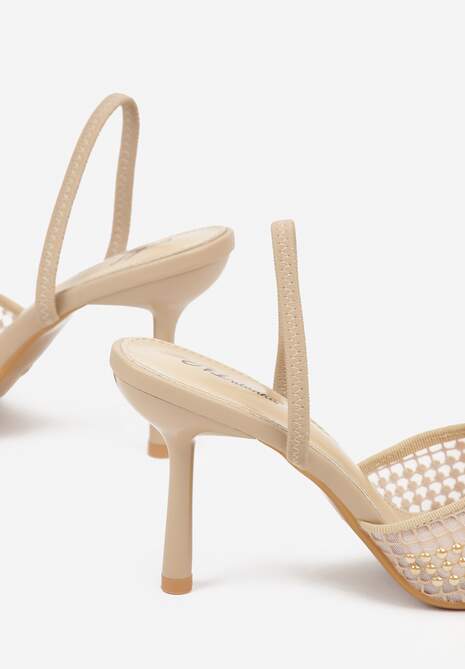 Ciemnobeżowe Sandały na Szpilce z Siateczkowym Noskiem z Aplikacją z Perełek Aurifera