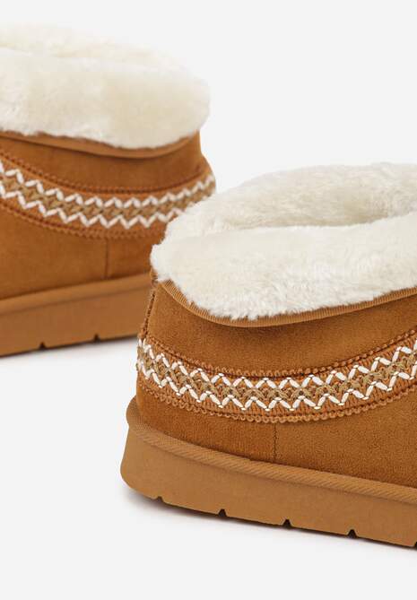 Brązowe Rustykalne Śniegowce z Imitacji Zamszu z Haftem i Futerkiem Zetilda