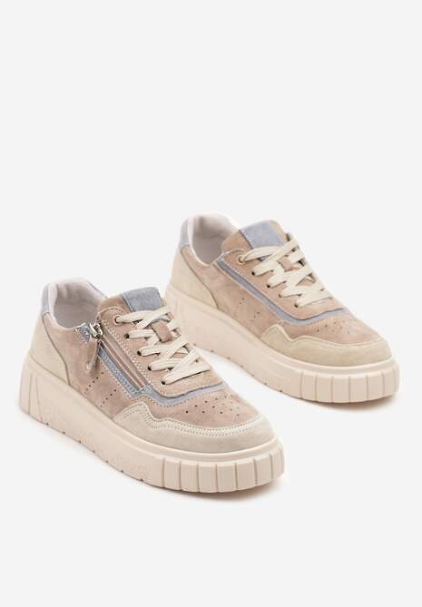 Beżowo-Niebieski Streetwearowe Sneakersy ze Skóry Naturalnej z Ozdobnym Suwakiem Eleavenna