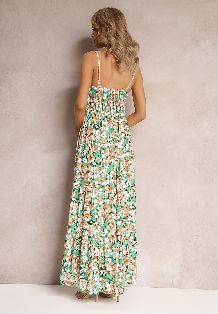 Zielona Wiskozowa Sukienka Maxi o Rozkloszowanym kroju na Cienkich Ramiączkach w Kwiaty Netela