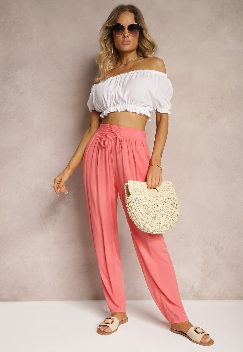 Beżowe Wiskozowe Spodnie z Gumką w Talii i Zwężanymi Nogawkami Sumipaku