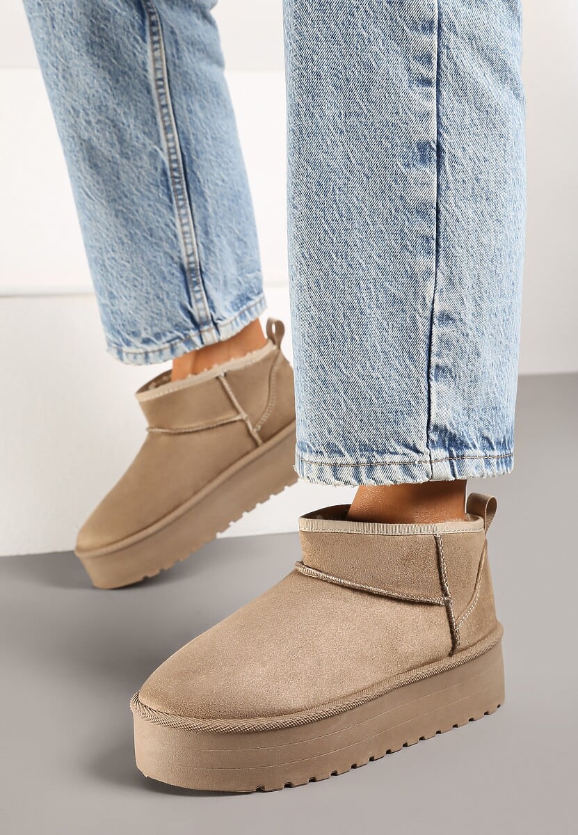 Ciemnobeżowe Wsuwane Śniegowce na Gładkiej Platformie Merileeanne