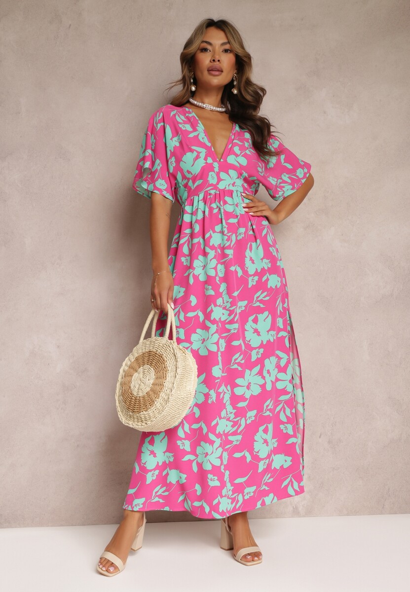 Różowo-Zielona Rozkloszowana Sukienka Maxi Nietoperz w Kwiaty Roseeve