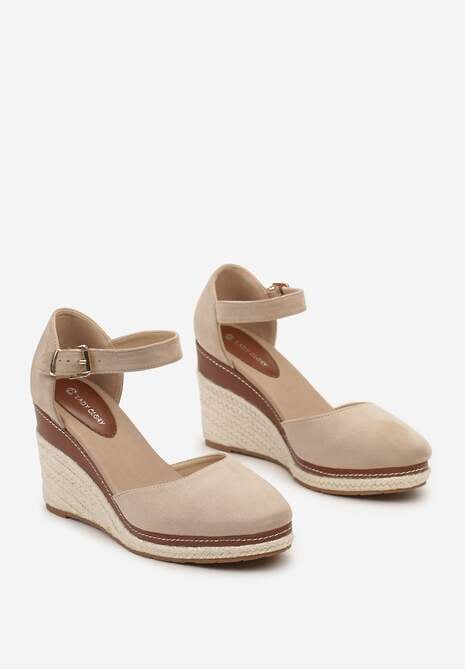 Ciemnobeżowe Sandały na Plecionym Koturnie ze Sprzączką Catlinna