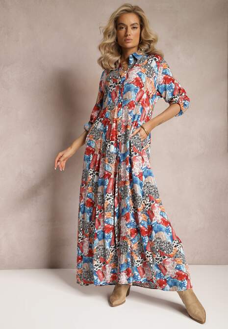 Czerwono-Niebieska Sukienka Koszulowa z Wiązanym Sznurkiem Longishah