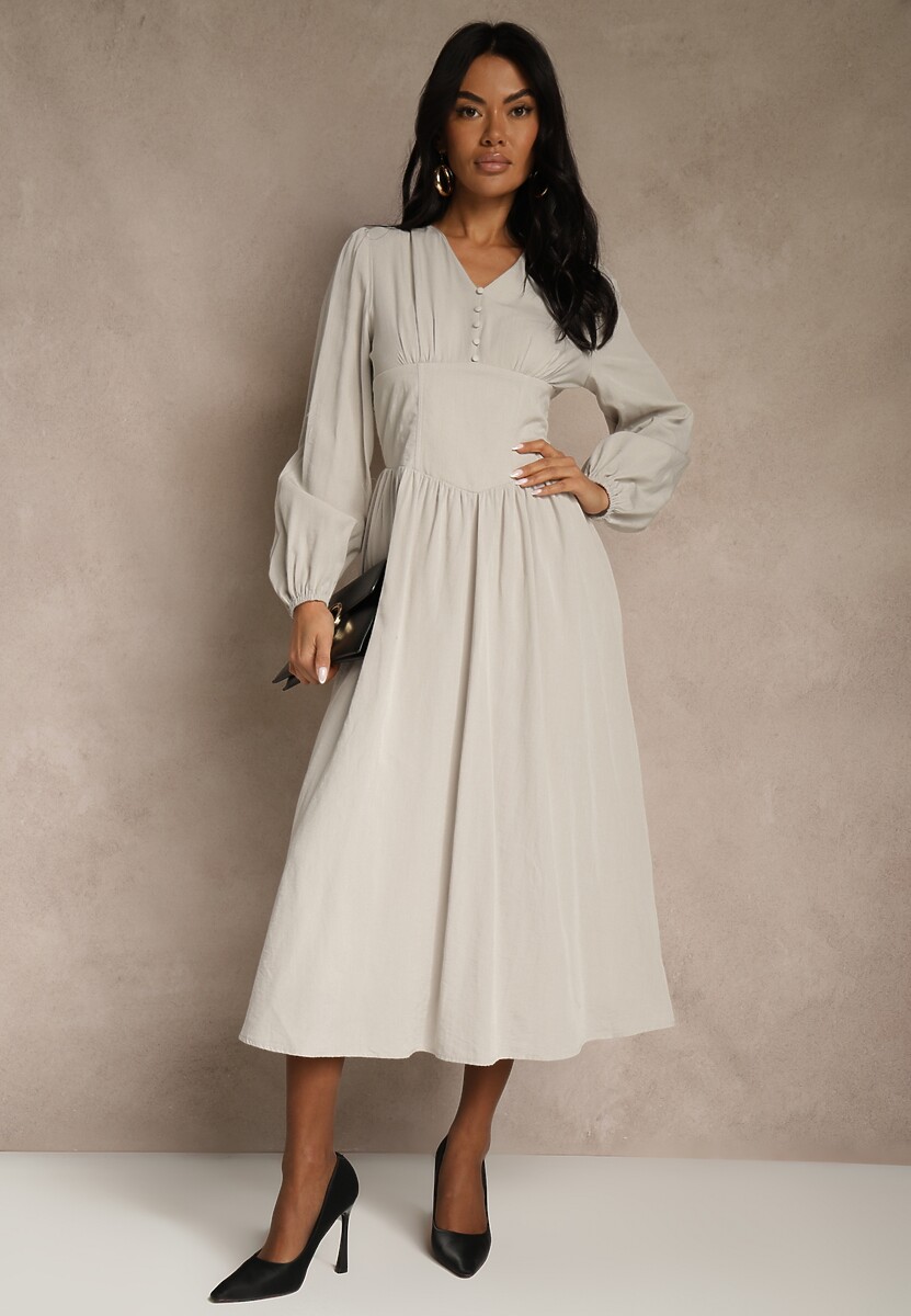 Beżowa Gorsetowa Sukienka z Wiskozą z Guzikami i Bufiastymi Rękawami Ahlite