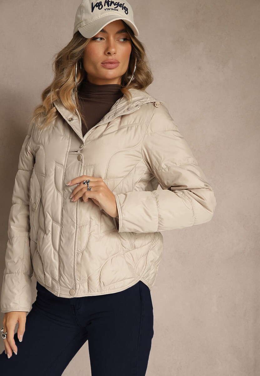 Jasnozielona Kurtka Przejściowa z Kapturem w Oryginalne Pikowane Przeszycia Arivitta