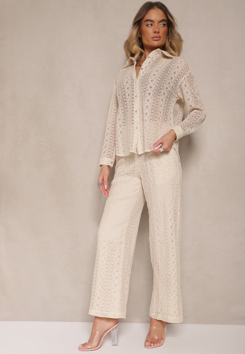 Czarny Komplet Ażurowy z Bawełną Szerokie Spodnie i Koszula Folinelle