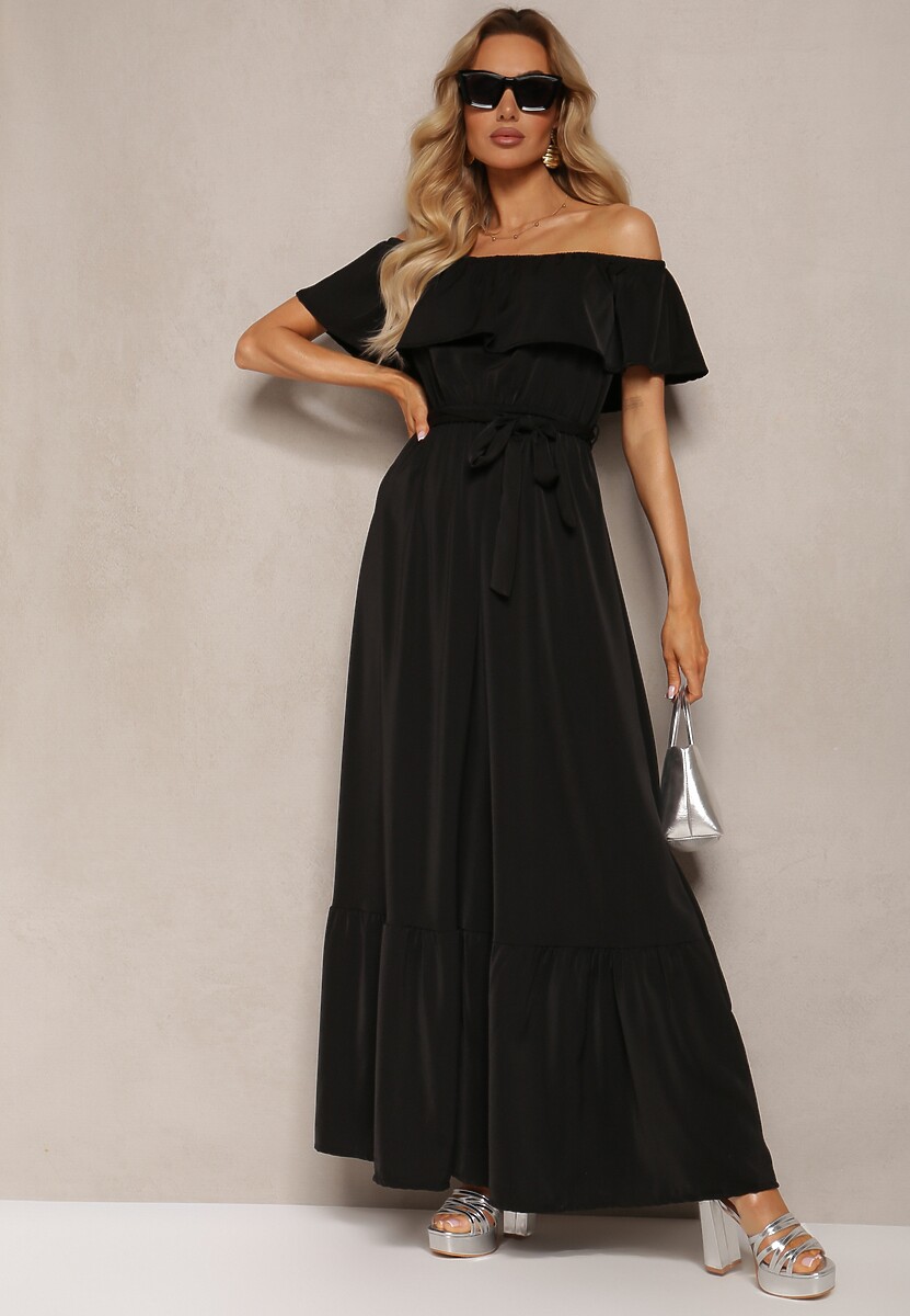 Czarna Hiszapanka Sukienka o Rozkloszowanym Fasonie z Falbanką Naviara