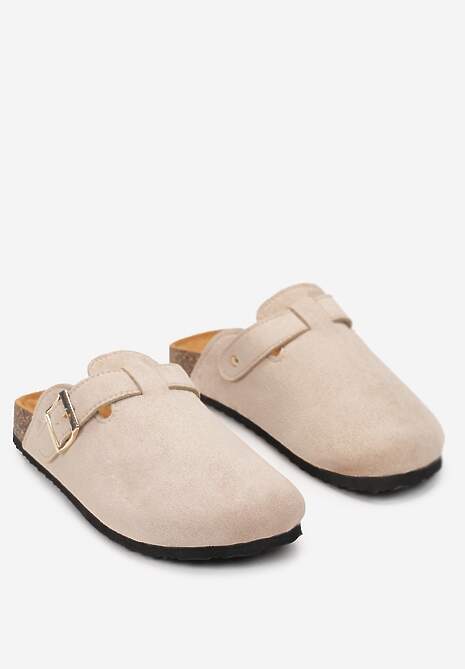 Beżowe Klapki na Płaskiej Podeszwie z Korka z Klamerką i Okrągłym Noskiem Shamsa