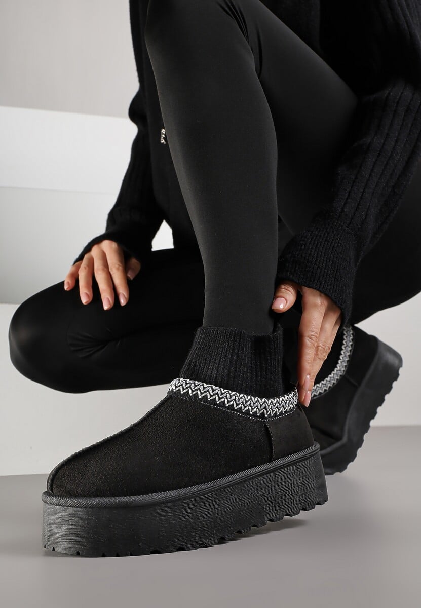 Beżowe Śniegowce VICES na Platformie ze Skarpetkową Cholewką i Haftem Ebentia