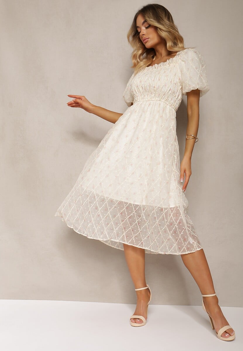 Beżowo-Niebieska Sukienka z Marszczonym Dekoltem o Rozkloszowanym Kroju z Bufiastymi Rękawami Vikirrena