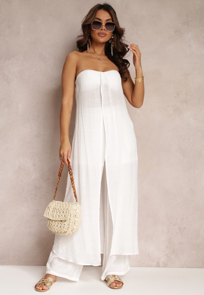 Biały 2-częściowy Komplet Długi Top i Spodnie z Gumką w Pasie i Szerokimi Nogawkami Bincina