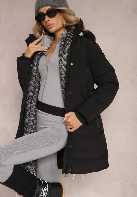 Czarna Pikowana Kurtka do Kolana z Odpinanym Kapturem Tolvina