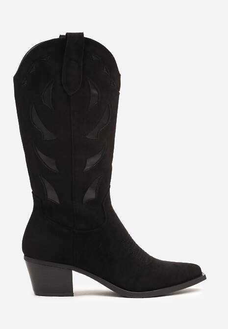 Czarne Botki na Stożku w Stylu Kowbojek Ozdobione Geometrycznym Motywem Latiresa