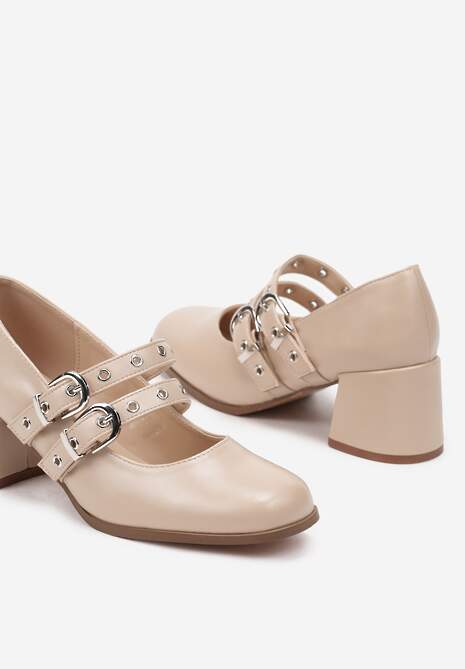 Beżowe Czółenka na Kwadratowym Obcasie Zapinane na Sprzączki Arreria