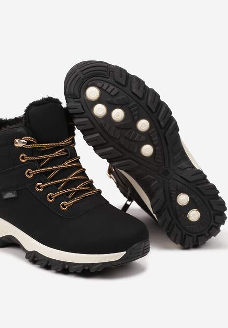 Czarno-Złote Płaskie Ocieplane Trapery ze Sznurowaniem Riviri