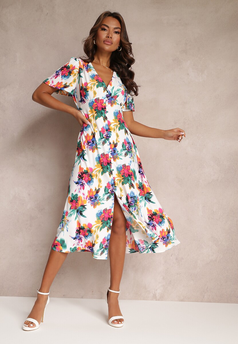 Biała Rozkloszowana Sukienka Midi z Krótkim Rękawem i Gumką w Talii Gelameda