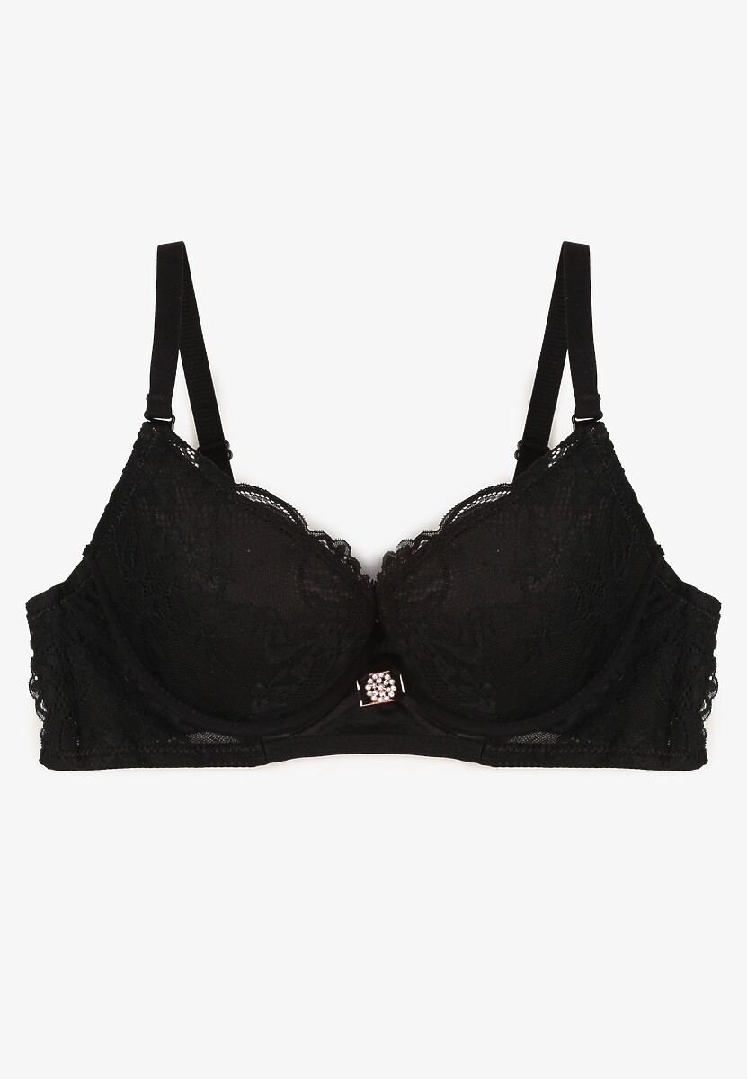 Czarny Koronkowy Biustonosz Push-Up z Metaliczną Ozdobą Aclenne