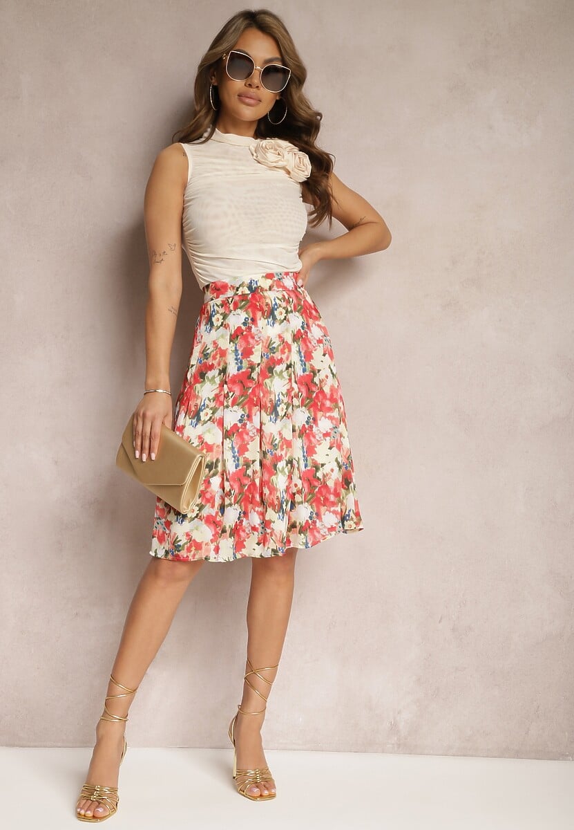 Niebiesko-Biała Kwiecista Spódnica o Rozkloszowanym Fasonie High Waist Jastaria