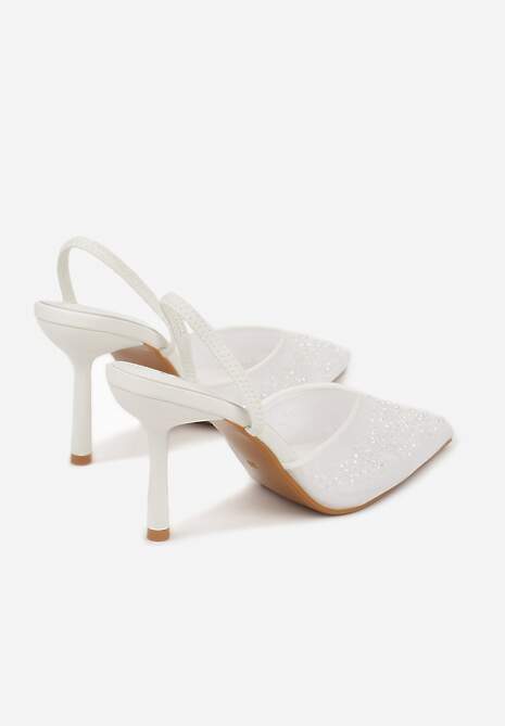 Białe Szpilki Slingback Zdobione Perełkami i Cekinami Irifera