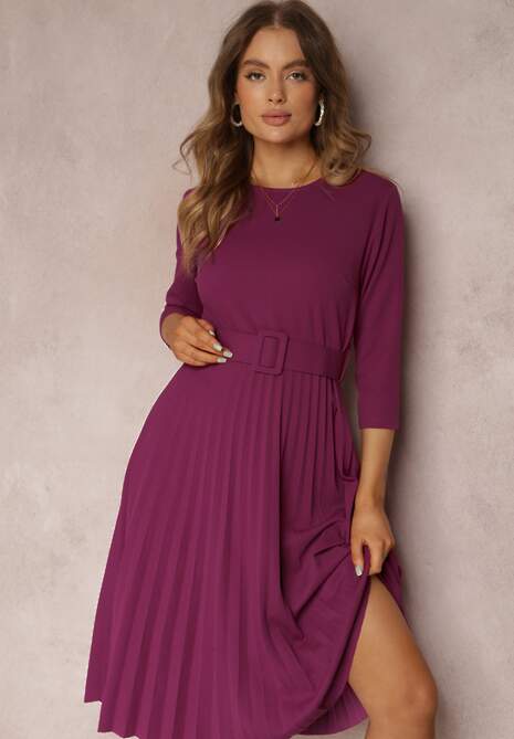 Fioletowa Sukienka Plisowana z Paskiem Valffe