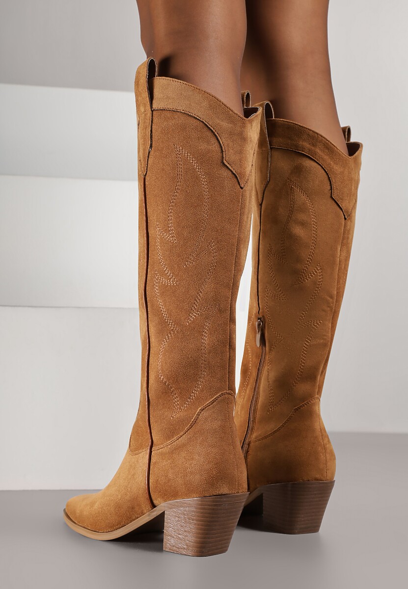 Jasnobrązowe Haftowane Kozaki Kowbojki na Stożkowym Obcasie Galianna