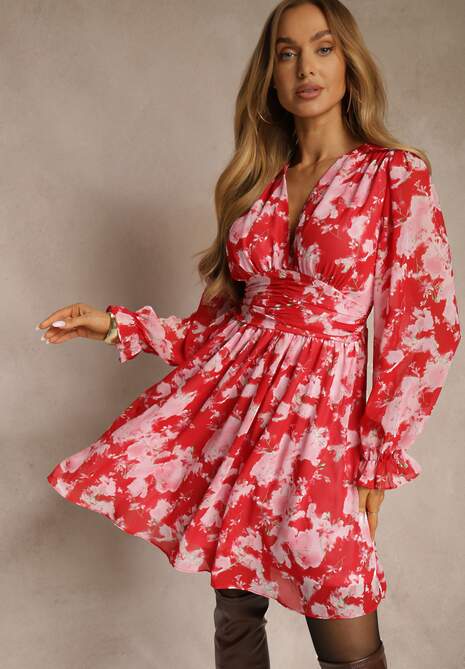 Czerwona Rozkloszowana Sukienka w Print Florystyczny Awerdia