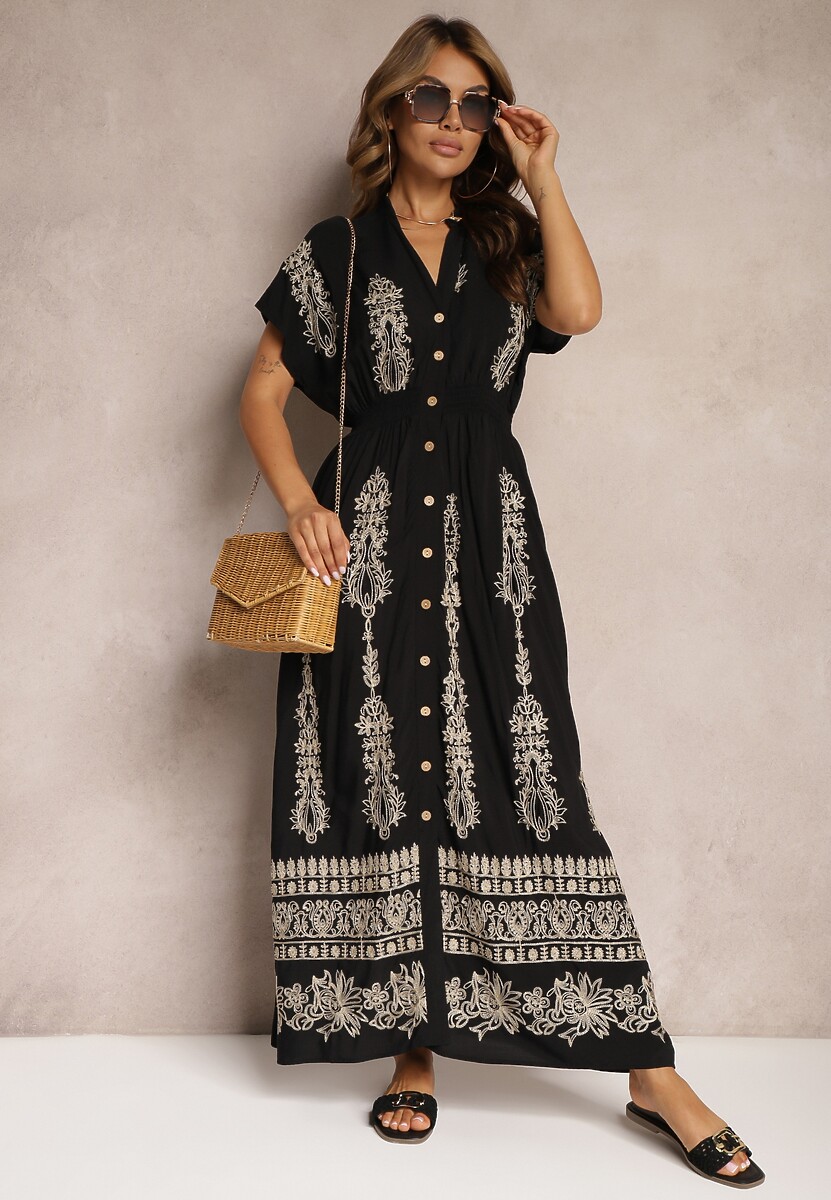 Czarna Koszulowa Sukienka z Bawełną i Gumkami w Talii Zapinana na Guziki Fosofia