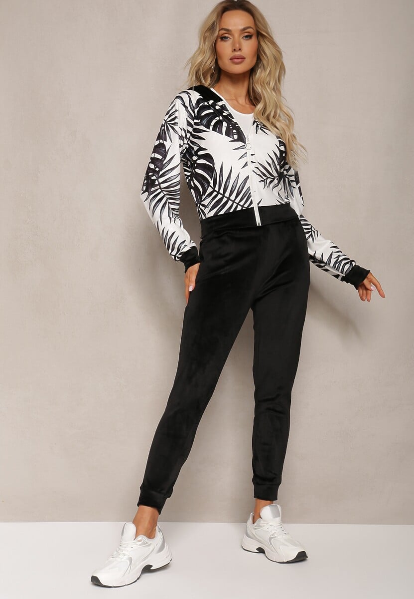 Ciemnobeżowy Welurowy Komplet Dresowy z Wzorzystą Bluzą z Kapturem i Joggerami Rouviana