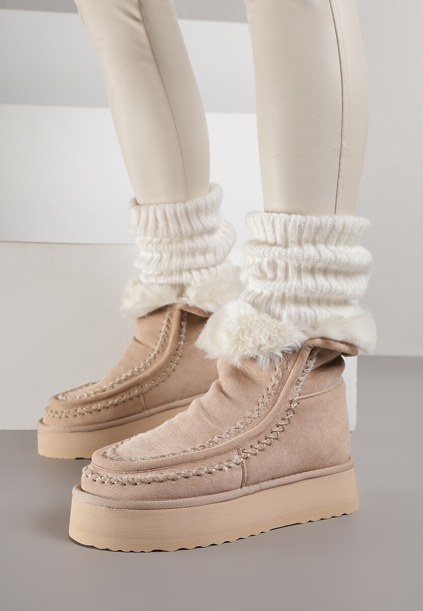 Beżowe Śniegowce Ozdobione Haftem Rawedena